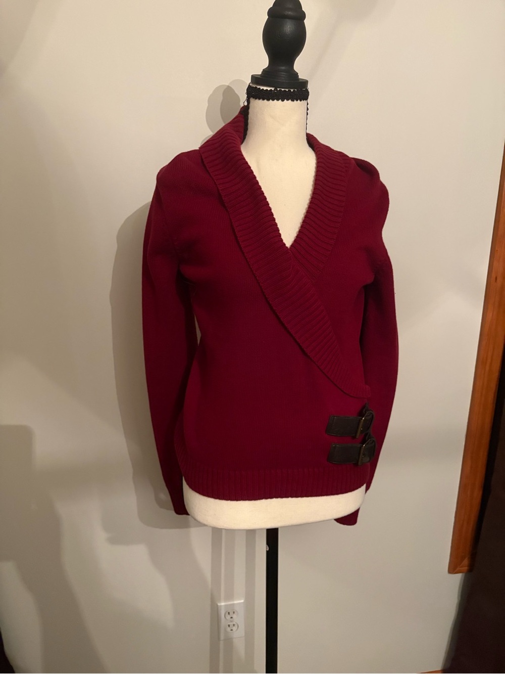 MICHAEL Michael Kors Burgundy Wrap V-Neck Sweater with Buckle Details